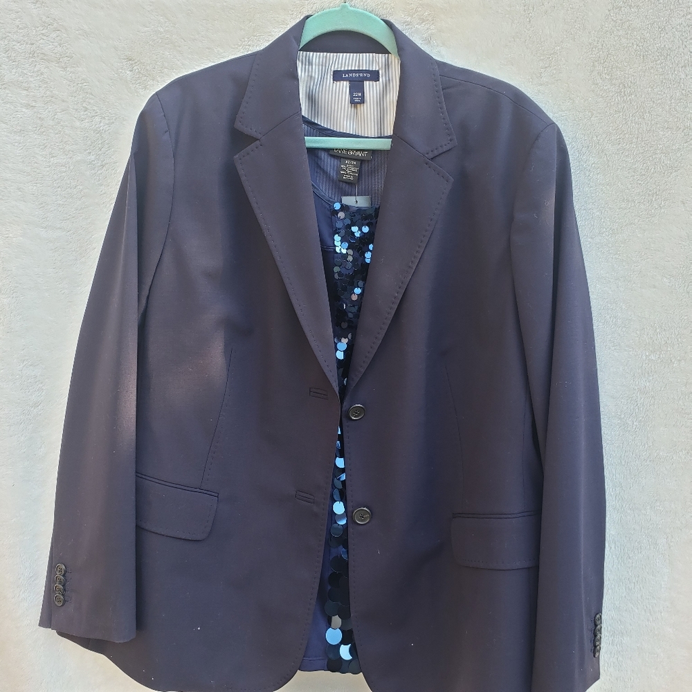 Lands' End Navy Blazer With Striped Lining, 22W